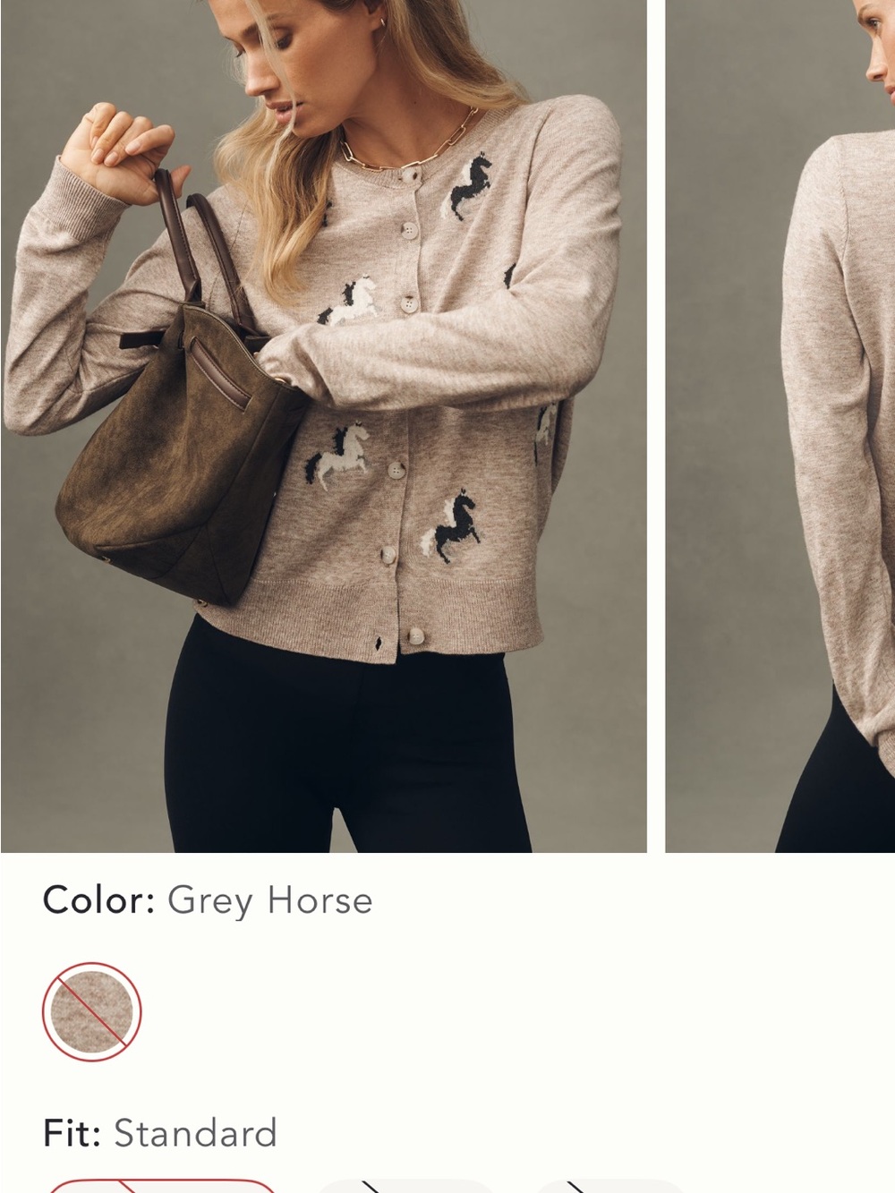 Anthropologie Beige Grey Horse Embroidered Button-Front Cardigan